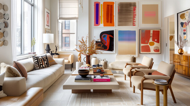 Contemporary living room showcasing a gallery wall with vibrant art, neutral-toned furniture, and a chic coffee table.