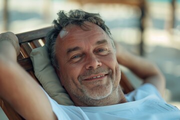 A middle-aged man lounges contently on a wooden chair under a shaded area on a sunny day, showing a soft smile as he enjoys his relaxing time by the beach.