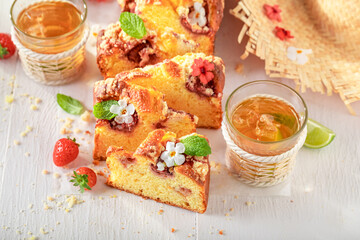 Tasty strawberry yeast cake freshly baked in summer.