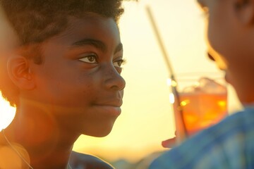 Close-up view of friends holding drinks and enjoying a lively evening event together, capturing a moment of connection and enjoyment amidst the sunset backdrop.