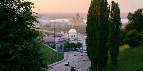 Summer Nizhny Novgorod in the rays of the warm setting sun