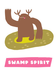 Learn swamp nature flashcard. Learning English words for kids. Cute hand drawn doodle educational card with nature spirit, beast, creature. Preschool bog, morass, backwater nature learning material
