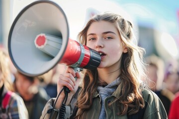 A young girl with wavy hair energetically speaks into a red megaphone at a protest rally, symbolizing the spirited involvement of youth in activism and social justice causes.