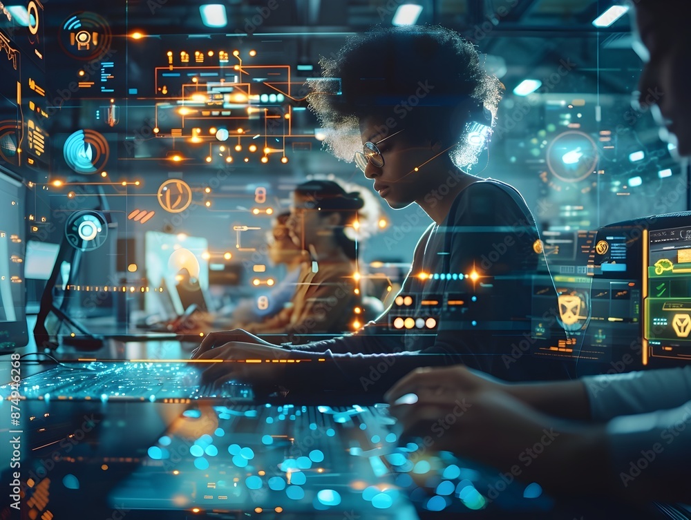 Poster futuristic neural enhanced workspace with professionals utilizing advanced interfaces for augmented 