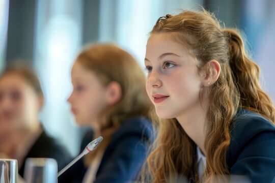 A young girl attentively listens in a conference setting. Her focus and interest are evident as she engages with the speaker, indicative of her eagerness to learn and participate.