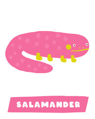 Learn swamp nature flashcard. Learning English words for kids. Cute hand drawn doodle educational card with salamander animal. Preschool bog, morass, backwater nature learning material