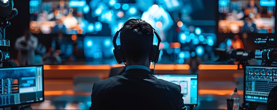 News Broadcast Room with Journalists Reporting on Latest Pandemic Developments and Health Guidelines