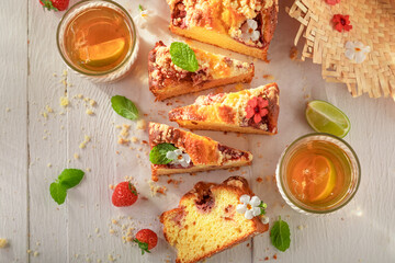 Delicious strawberry yeast cake as summer dessert.