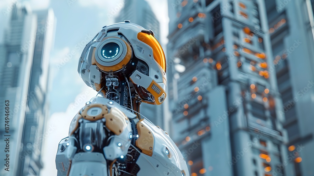 Aufkleber robotic construction worker building futuristic high tech skyscraper with advanced tools and materia