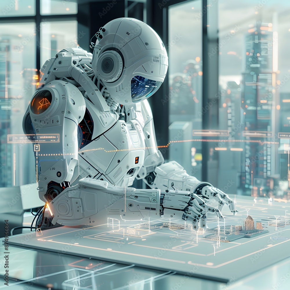 Poster robotic architect designing futuristic building on holographic blueprint table