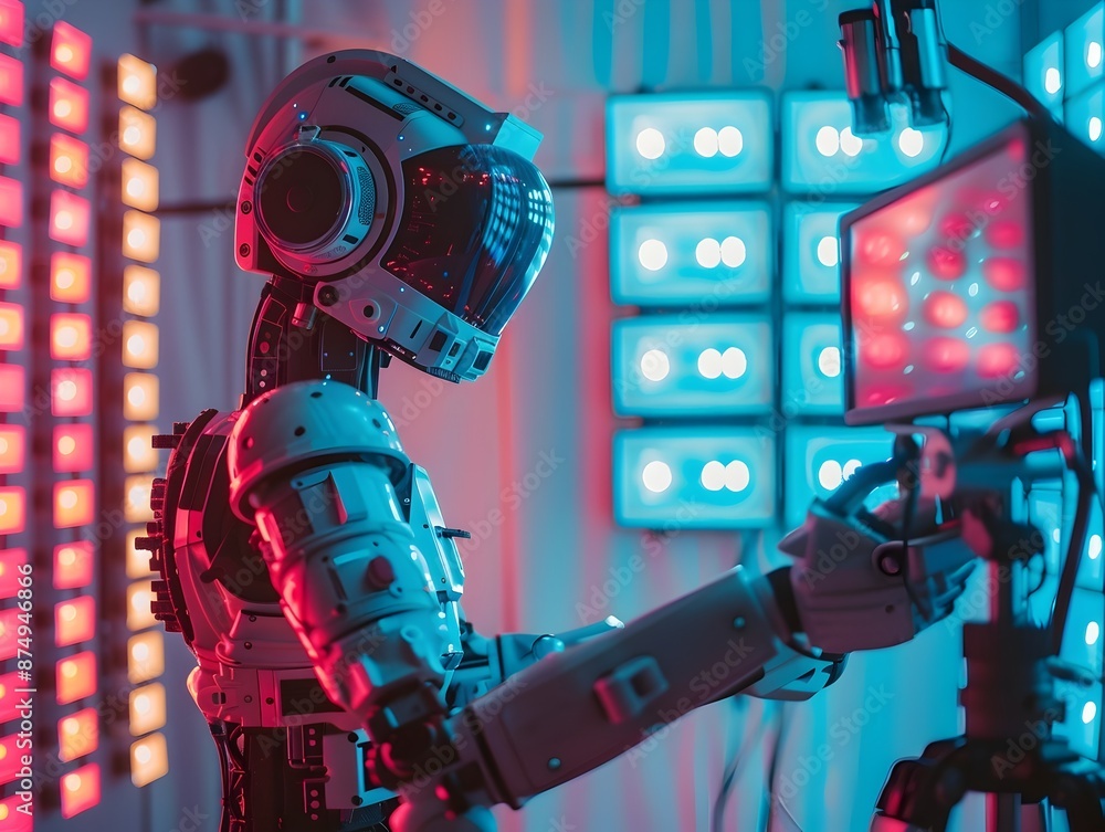 Poster robotic photographer capturing futuristic studio scenes with advanced lighting and digital tools