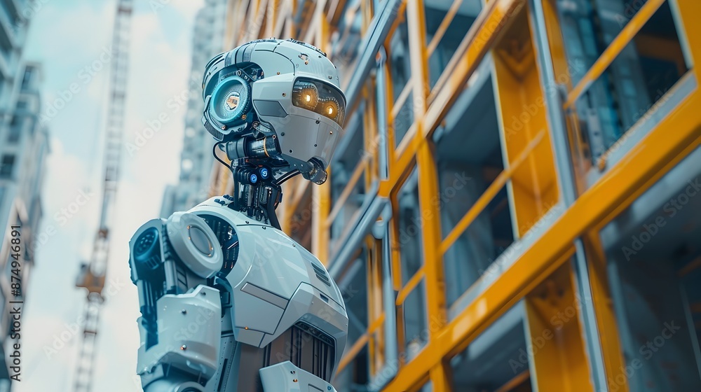 Poster robotic construction worker building futuristic skyscraper with advanced tools and materials