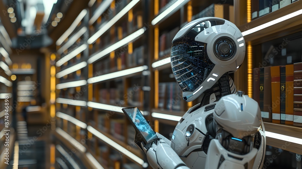 Aufkleber robotic librarian assisting patrons in futuristic high tech library with holographic resources