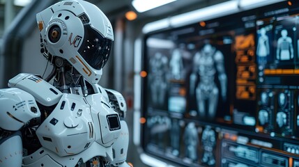 Robotic Tailor Crafting Custom Suit in Futuristic Workshop with Precise Measurements and Digital Designs