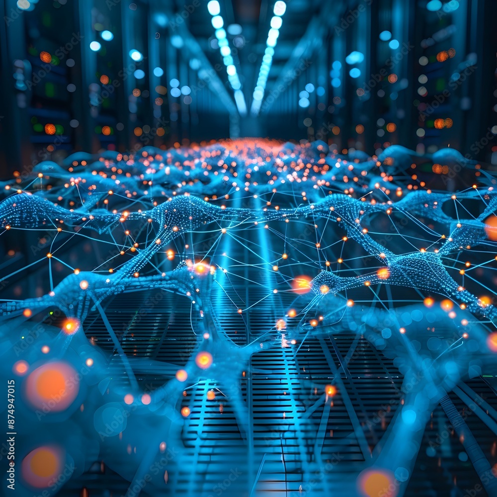 Poster futuristic neural data center with glowing interconnected networks visualizing digital intelligence 