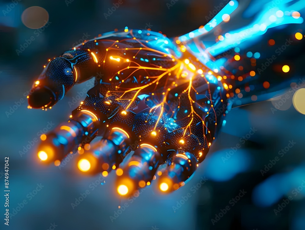 Poster futuristic neural interface gloves highlighting advanced digital device control and interaction