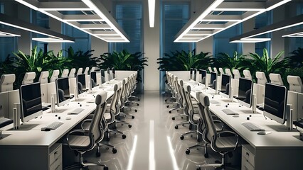 Modern Empty Office Space with Desktops and State-of-the-Art Computers