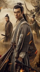 Naklejka premium AI generator image of A poster for a Chinese drama going back in time, telling the story of a handsome young man killing a dragon. Dressed in Shanghai style clothing