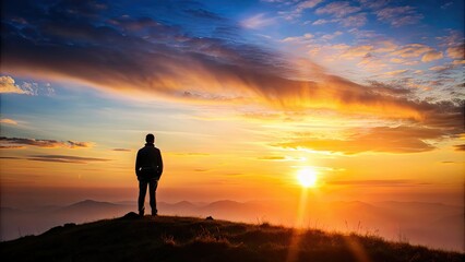 Fototapeta premium Silhouette of a person standing on a hill watching the sunrise , dawn, morning, peaceful, serene, meditation, mindfulness