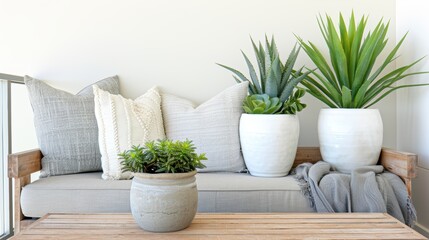 Scandinavian-inspired bench with cozy cushions and potted succulents. Ideal for minimalist indoor garden and modern decor.