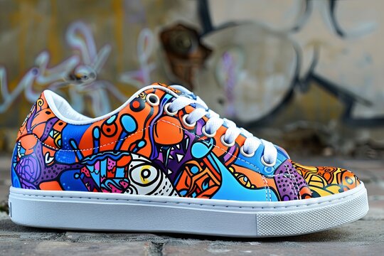A single, white low-top sneaker with an orange, blue, and purple graffiti design. Generative AI