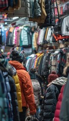 Obraz premium Exploring cold weather apparel at wholesale market with stalls and thermal gear, modern scene
