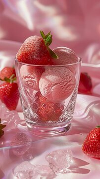 A glass of strawberries on a pink background