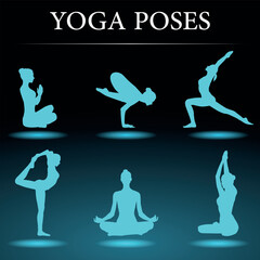 Yoga poses. 6 pieces. Vector. Silhouettes on a dark background