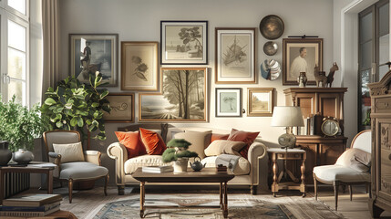 Elegant living room featuring a unique gallery wall, sophisticated furniture, and a blend of modern and vintage decor.