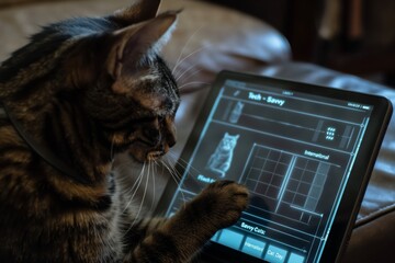 In a futuristic environment, a cat is seen using a tablet to interact with scientific data and charts.scene highlights advanced technology.perfect for International Cat Day,celebrates the adaptability