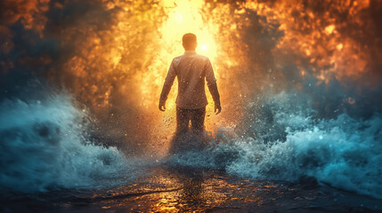 Fototapeta premium Man walking into intense light and crashing waves, symbolizing resilience and journey through adversities.