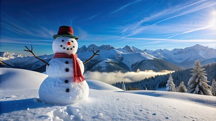 Fototapeta premium Snowman standing tall in a winter mountain landscape under a bright blue sky , snowman, winter, mountain, snow, cold, blue sky