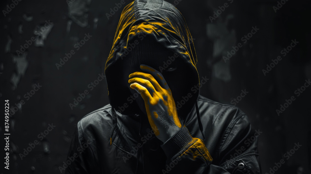 Poster hacker without face showing picture image in own hand, deep dark shadows, black and yellow colors