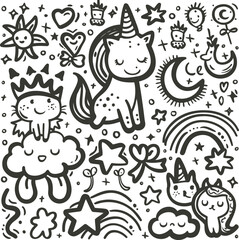 Adorable Hand-Drawn Unicorn Doodle Icons for Coloring Books