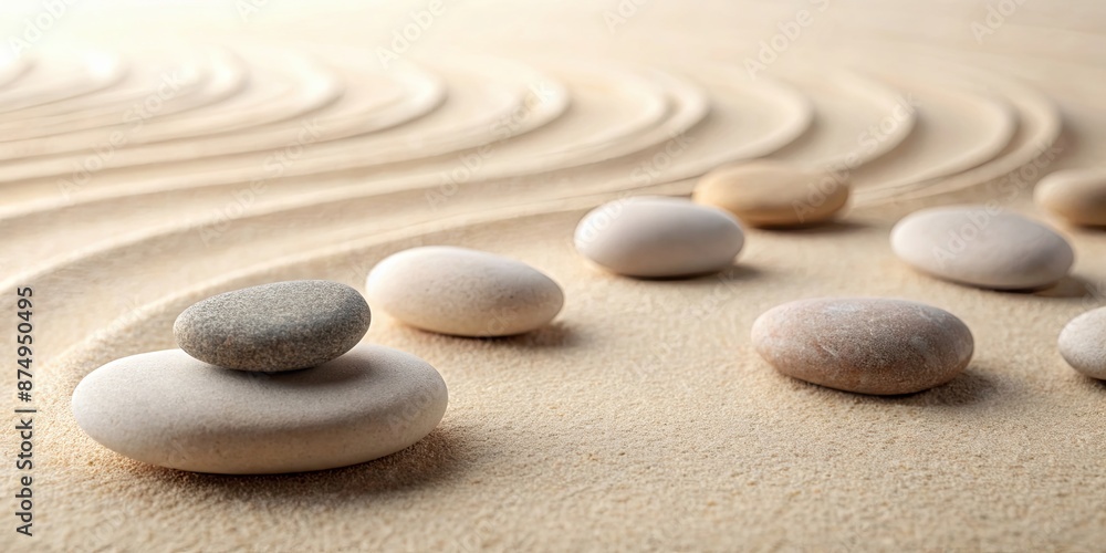 Sticker Meditation and spa background with smooth pebble stones on beige surface, meditation, spa, relaxation, peaceful, calm