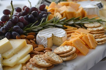 A Delectable Cheese Board with Grapes, Crackers and Almonds