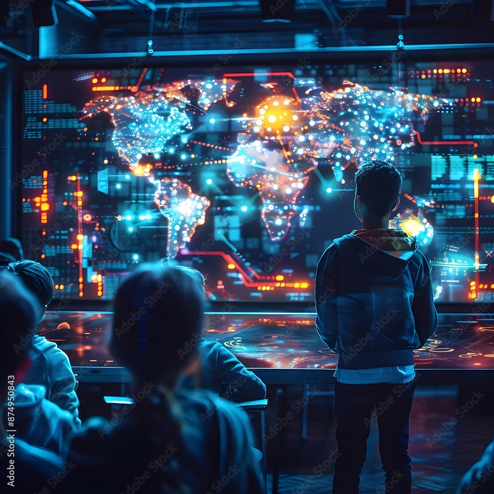 Poster futuristic neural tech powered education system powering connected learning