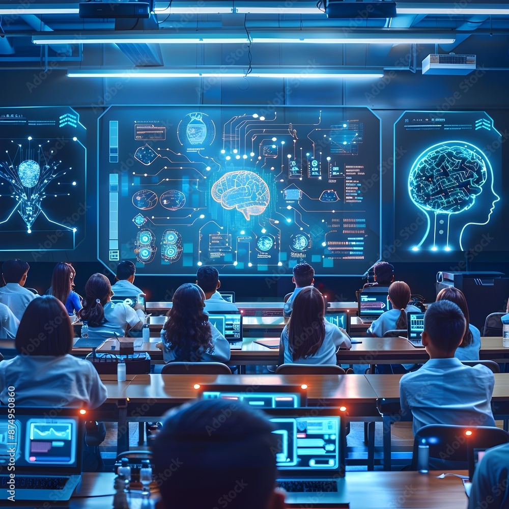 Poster neural tech powered education system with connected students and teachers for optimal learning