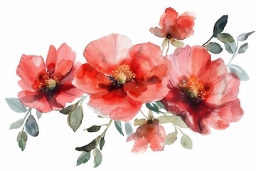 A watercolor painting of a set of red flowers on a white background, painted with soft washes of red.