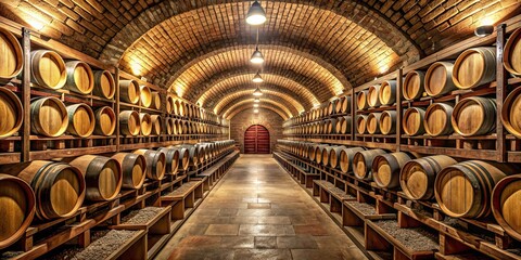 Narrow wine cellar with racks of wine and wooden barrels , wine, cellar, racks, wooden, barrels, alcohol, storage, vintage, winery