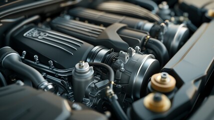 Fototapeta premium Car engine with detailed parts and components displayed. It emphasizes the sophistication and precision engineering under the hood.