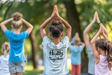 Children are actively engaged in yoga at the outdoor park, promoting a wholesome lifestyle. "Healthy Together"