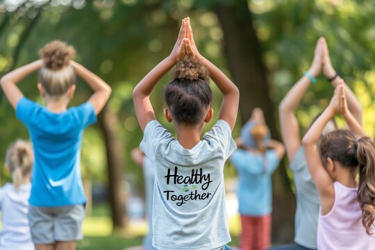 Children are actively engaged in yoga at the outdoor park, promoting a wholesome lifestyle. "Healthy Together"