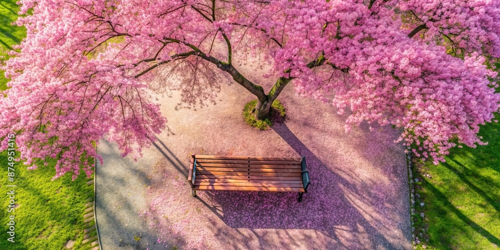 Sticker Overhead shot of cherry blossom tree in full bloom with pink petals creating dreamy canopy over park bench, spring, cherry blossom