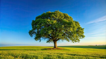 Obraz premium Tree standing in a field with clear blue sky above, nature, landscape, grass, field, sky, clear, sunny, outdoor, serene