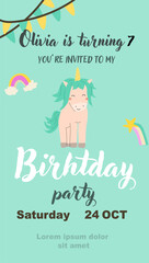 Childrens magic invitation card with fairy animal. Fantasy world elements design. Template for magic birthday party with unicorn or cute animal with horn and flowers.