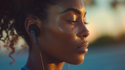 A young woman is running along the beach