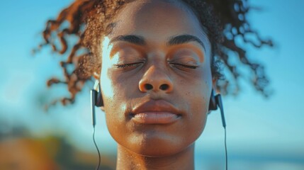 Close up portrait of a young African-American woman listening to music with her eyes closed and a peaceful expression on her face.