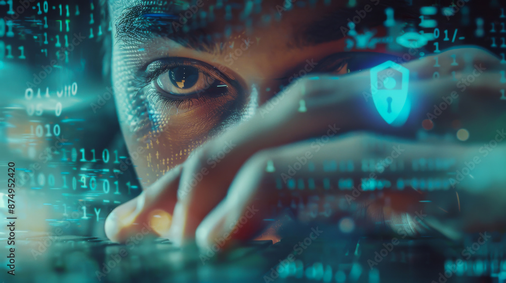 Poster person wearing a hoodie and mask representing anonymity, a blurred background of binary code