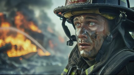 Obraz premium Firefighter with Soot-Stained Face
